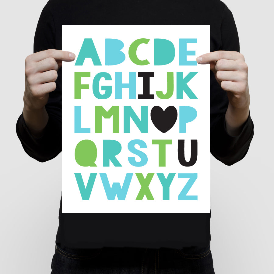 I love you ABCs print in green and turquoise