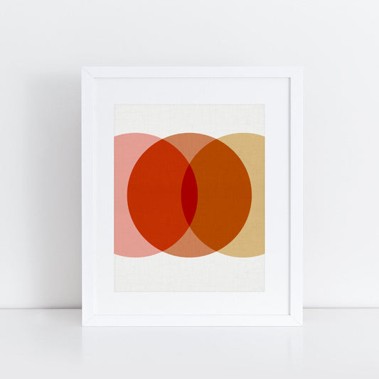 Geometric print of overlapping circles in pink orange and yellow