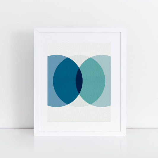 geometric circles art print in blues and turquoise