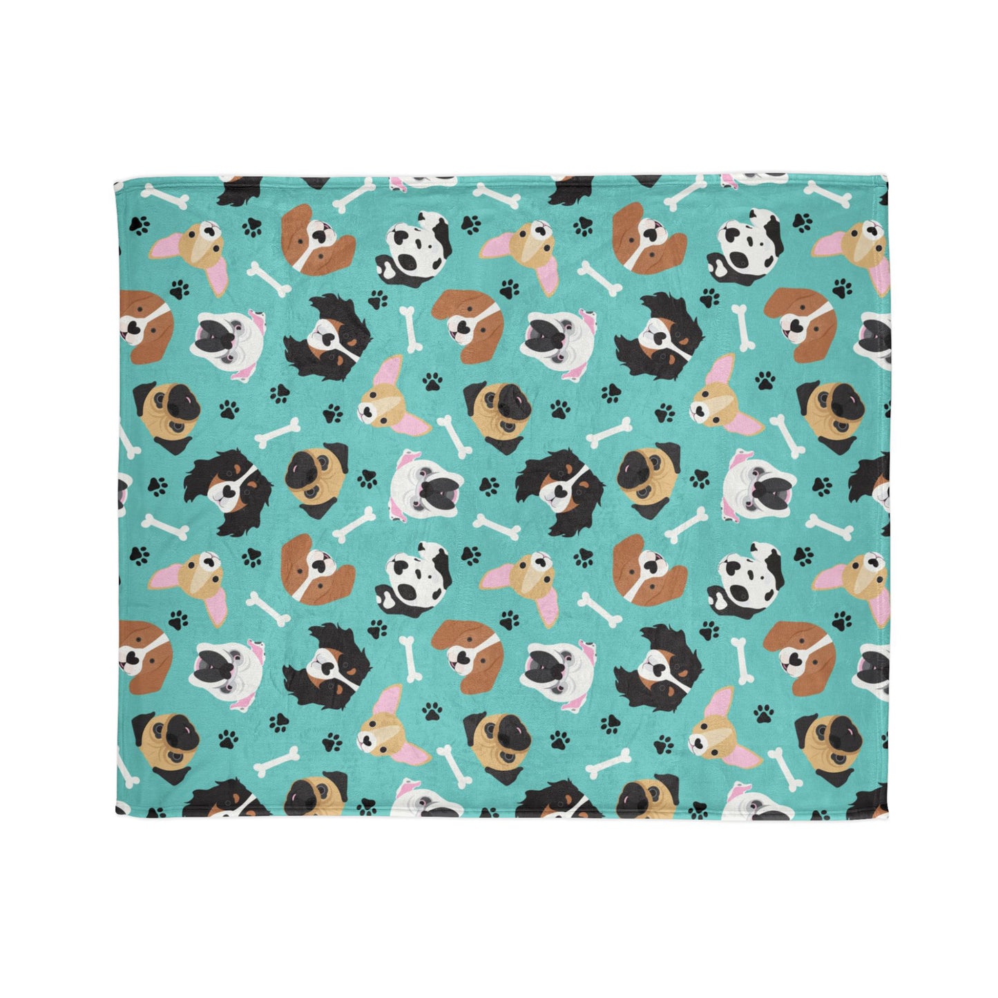adorable blanket featuring puppy dog faces against a cheerful turquoise background. Playful paw prints and dog bone motifs add an extra touch of charm to the design