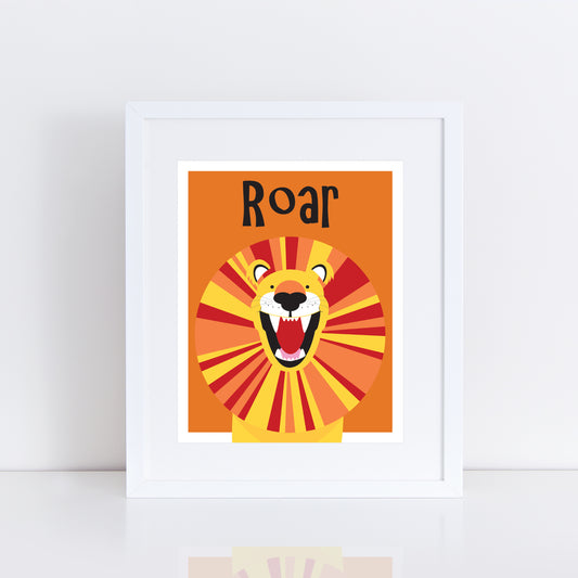 colourful roaring lion print with orange background and ROAR