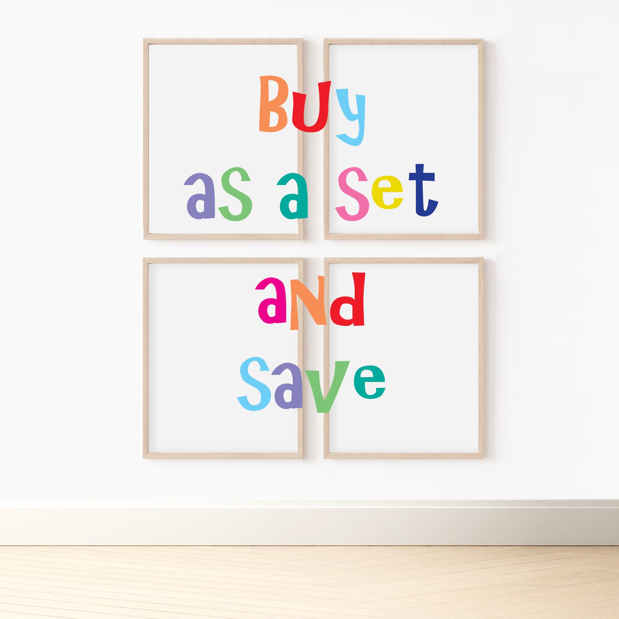 set of four empty frames hanging on a wall with Buy as a set and save