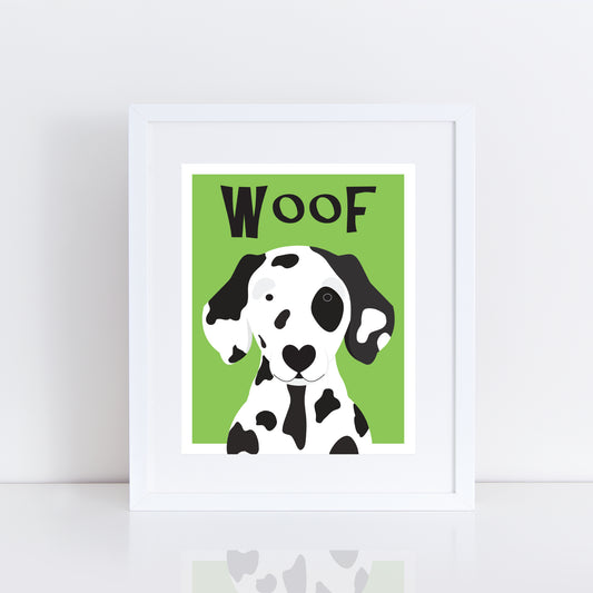 dog print of Dalmatian on green background with WOOF above