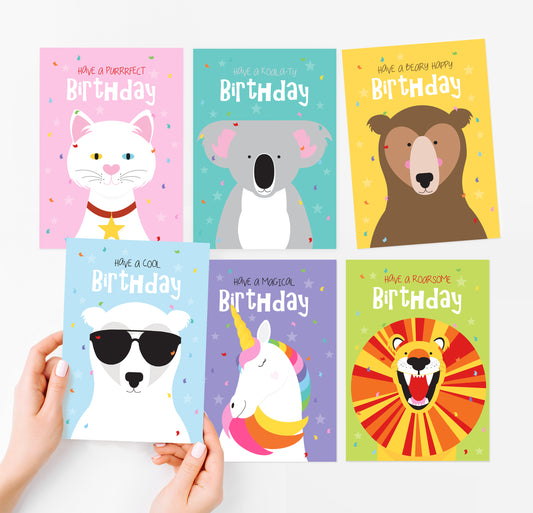 Colourful Kids birthday card set of six animals designs