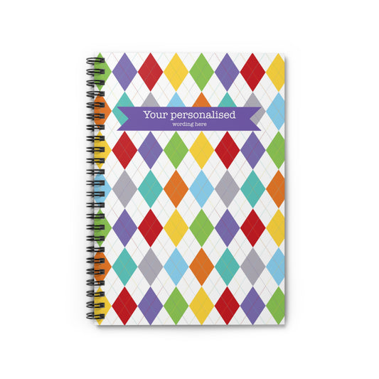 Colourful argyle pattern spiral notebook with customised front cover with personalised wording