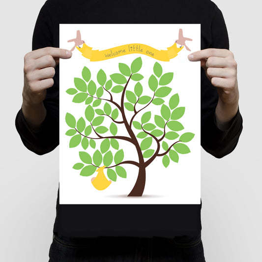 person holding up signature guest book tree poster for baby shower with birds holding banner over tree saying welcome little one