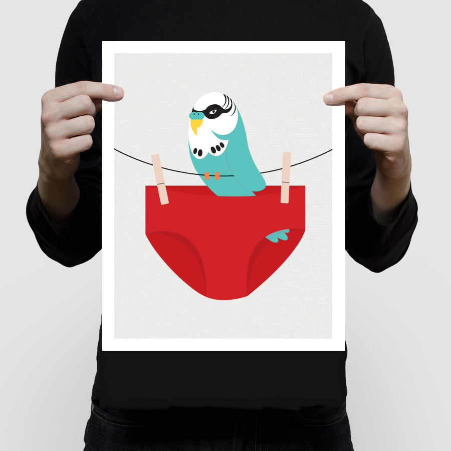 Budgie and swimming trunks print