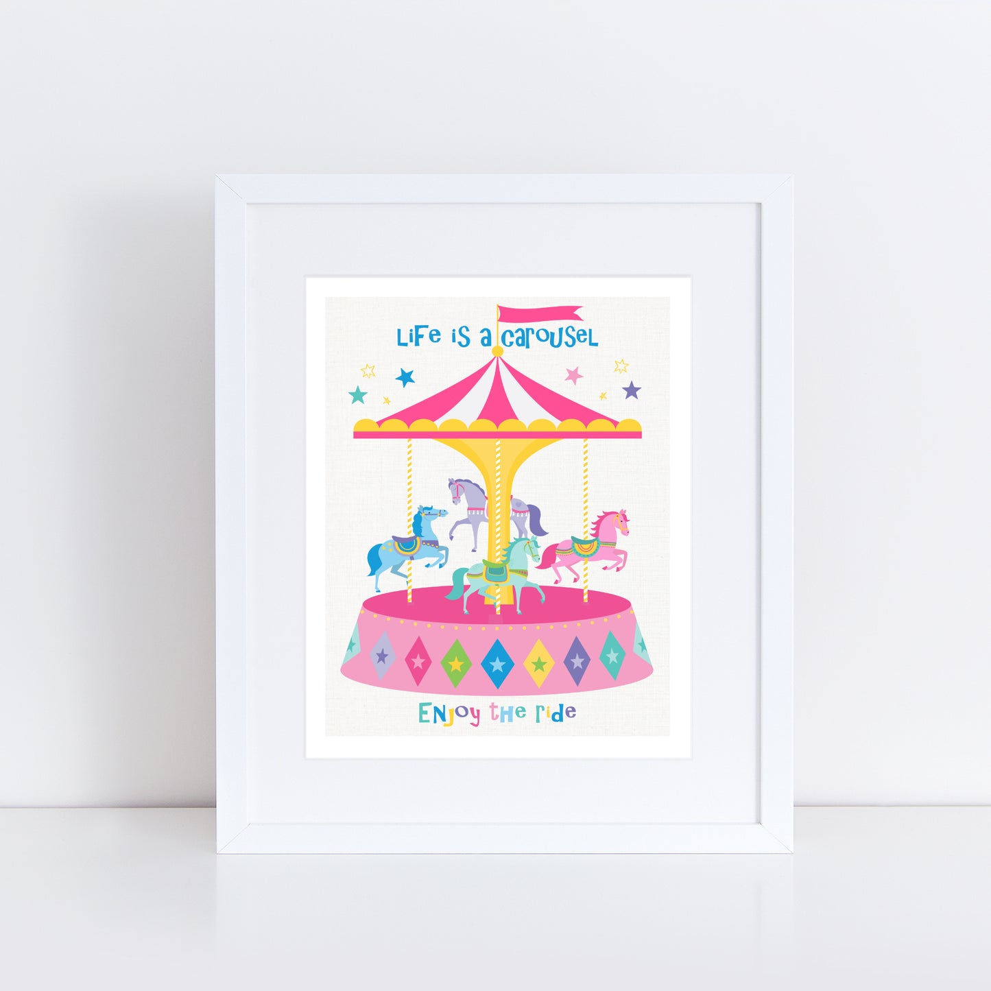 Artwork of a carousel with horses and 'Life is a carousel, enjoy the ride' text on a white background.