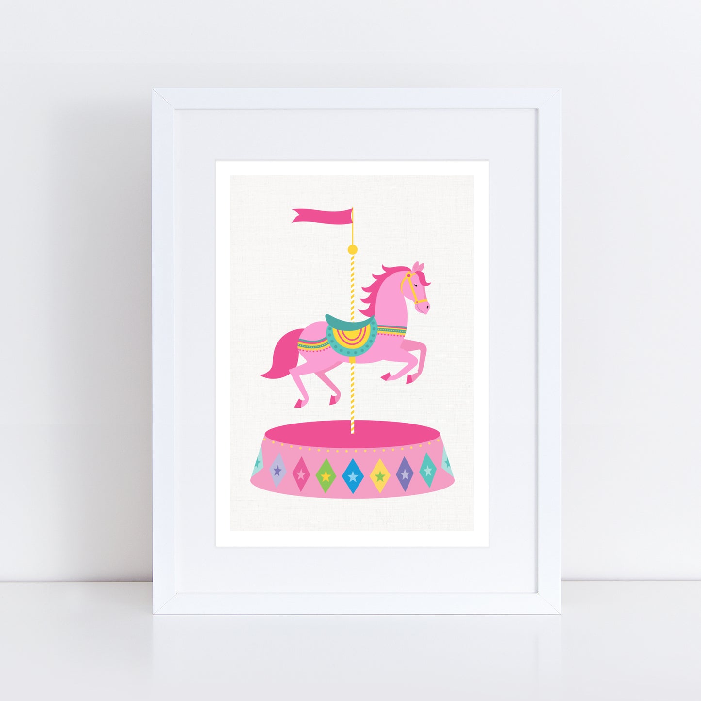 artwork of a pink carousel horse with a colorful base