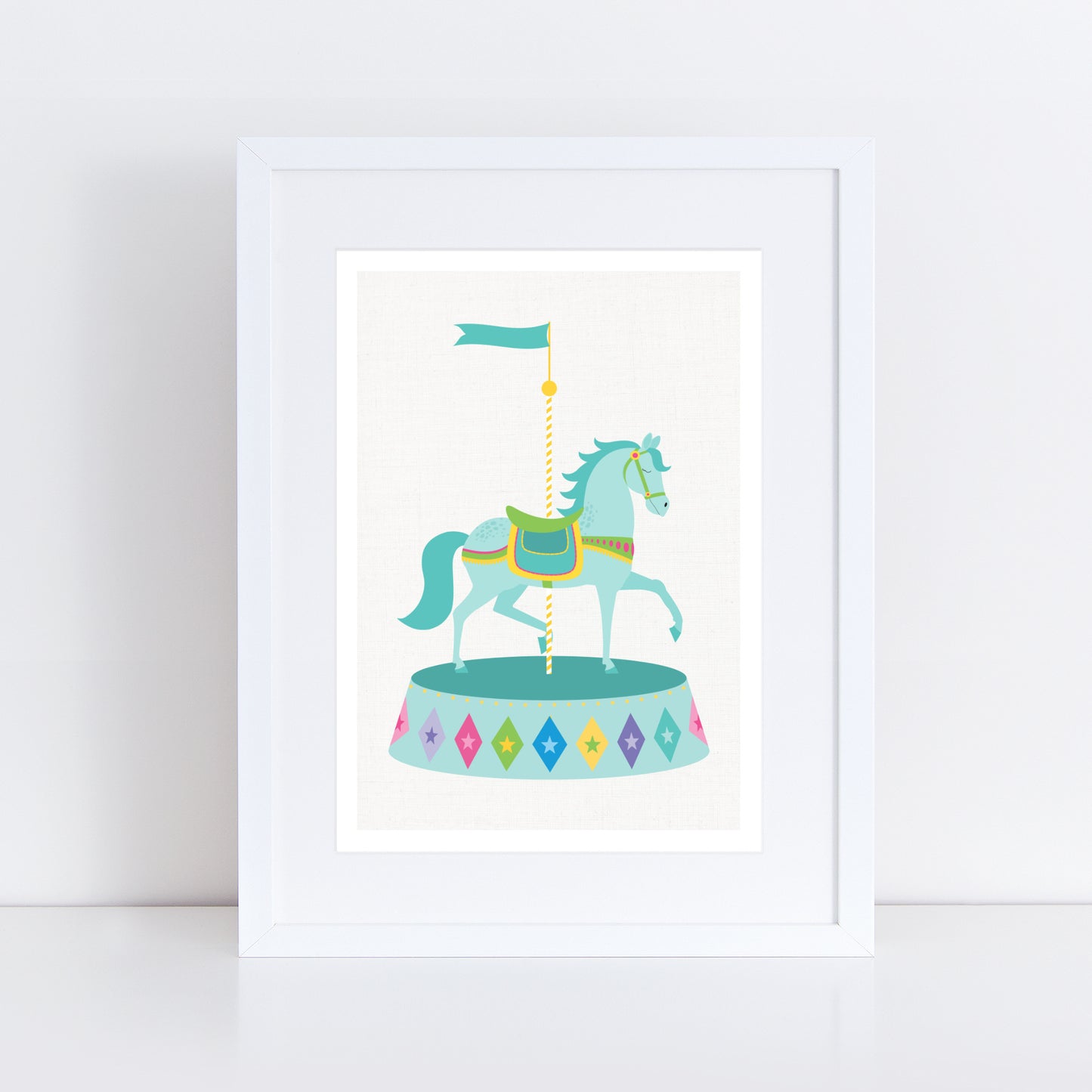 artwork of a turquoise carousel horse