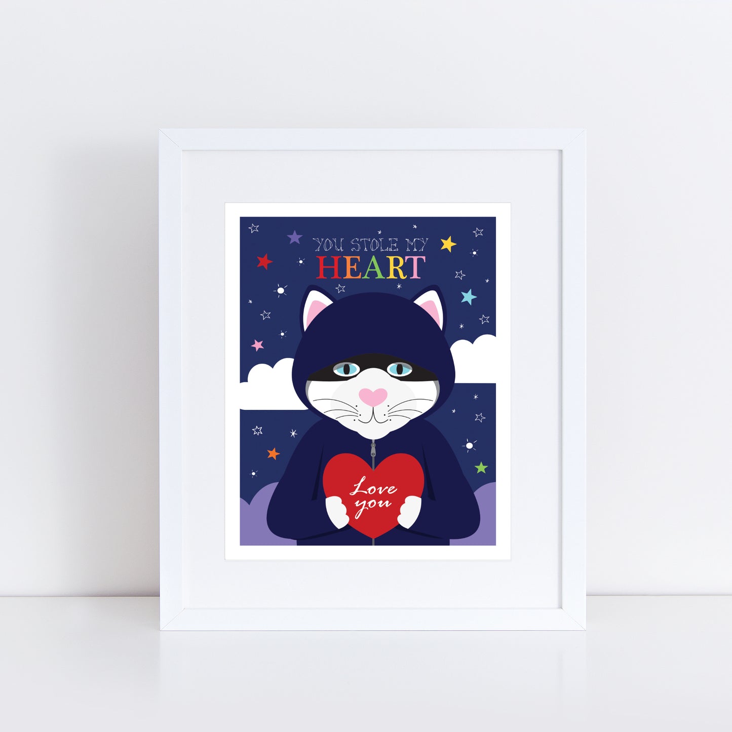 Cat burglar a mischievous feline dressed in a hoodie, holding a bright red heart with the word "Love you" written inside, this charming illustration includes the phrase "You Stole My Heart" at the top.