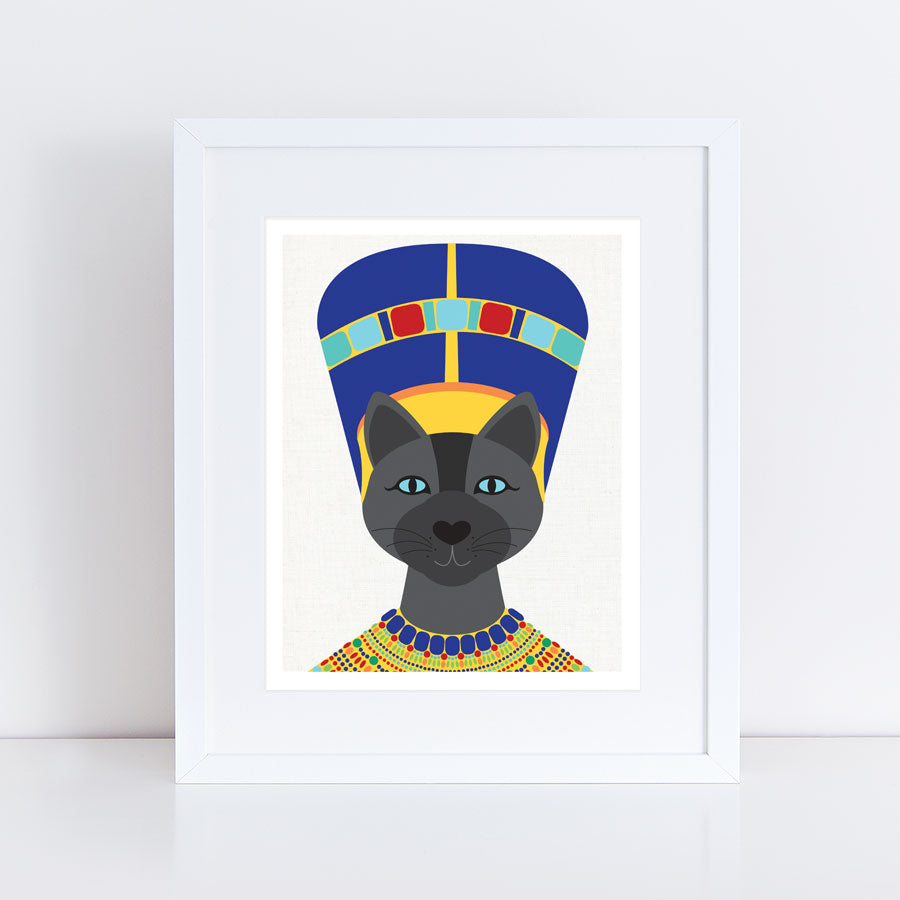 print of a sphynx cat print as egyptian queen Nefertiti