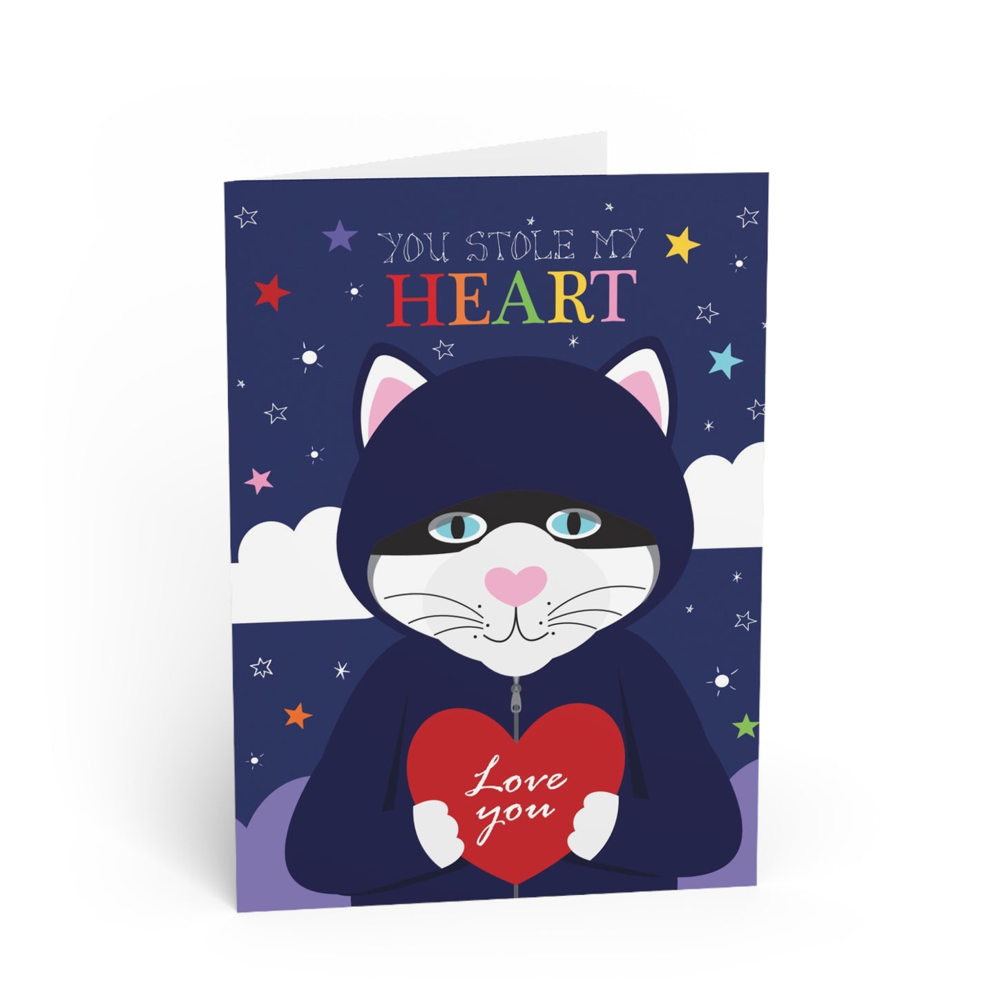 fun and quirky Valentine’s Day card features an adorable cat burglar, dressed in a hoodie, holding a bright red heart with the word "Love you" written inside. Above, the playful message reads "You stole my heart."