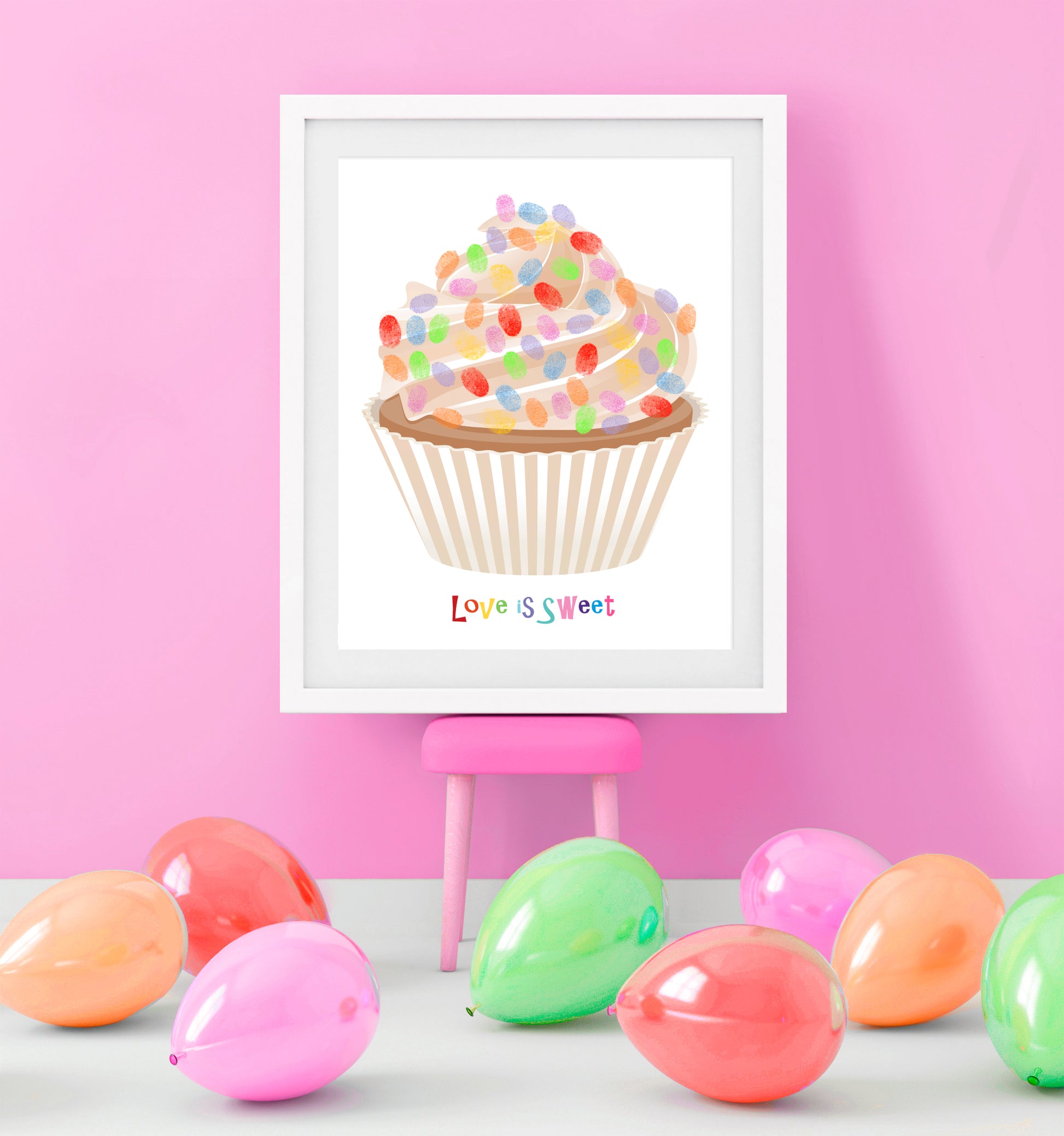 poster in a pink room Cupcake Fingerprint Guest Book with guests fingerprints as Sprinkles