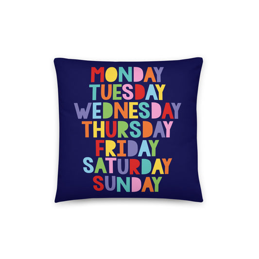 fun and educational cushion cover with bright rainbow days of the week