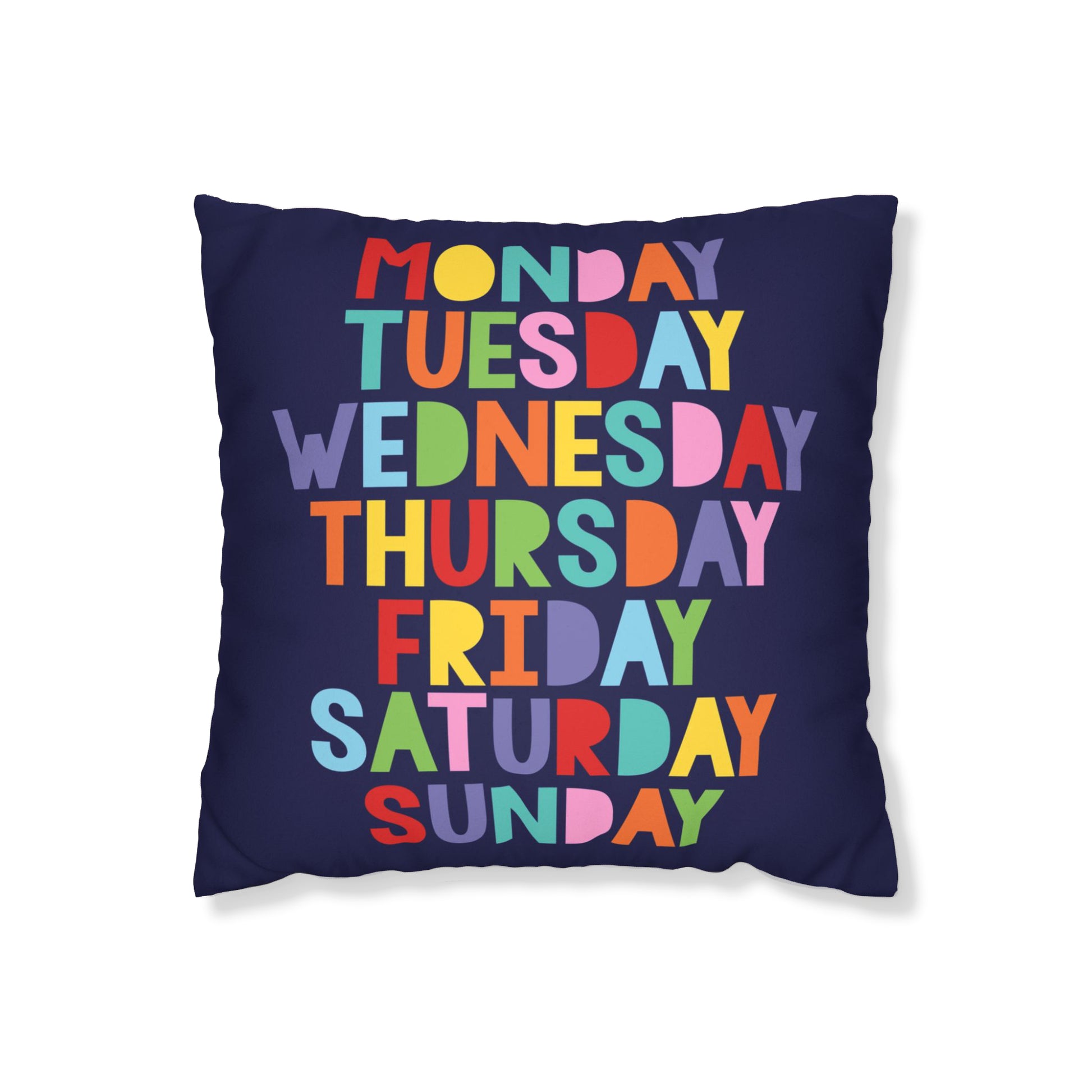 dark blue cushion cover with colourful days of the week