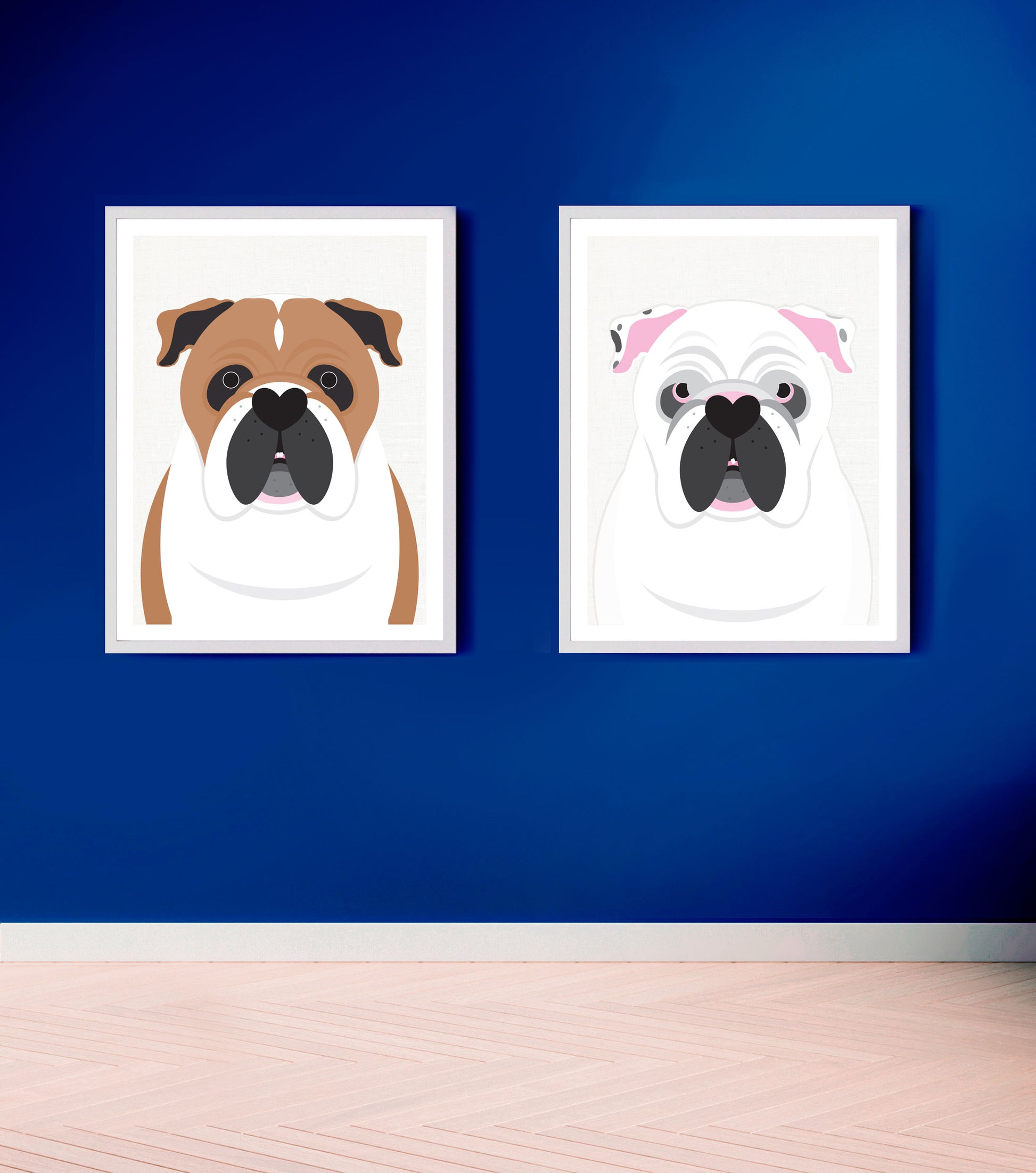 English bulldog prints with white dog or red and white dog in blue room