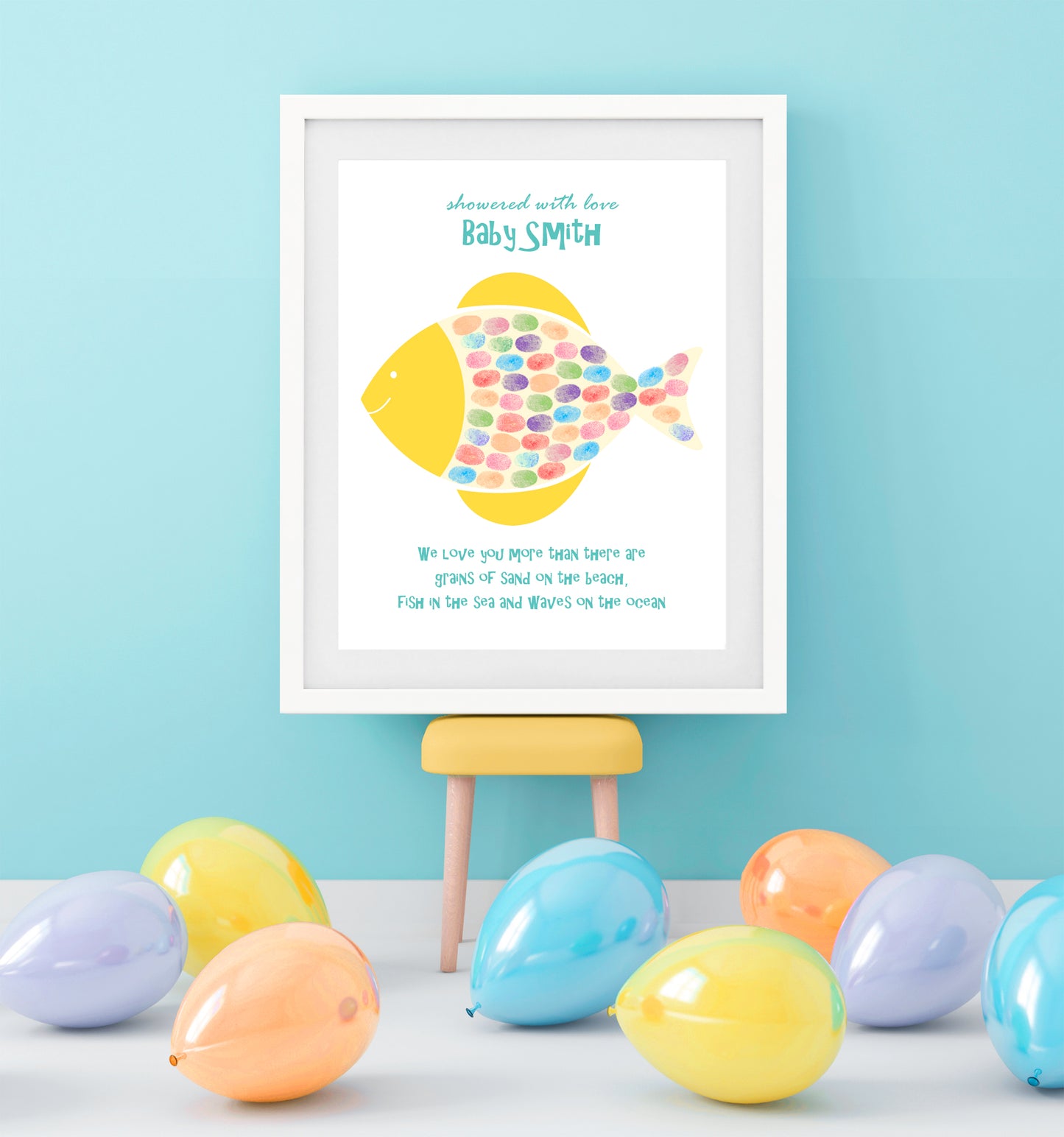 Fish Fingerprint Guest Book in a blue party room with balloons, a fish with guests fingerprints