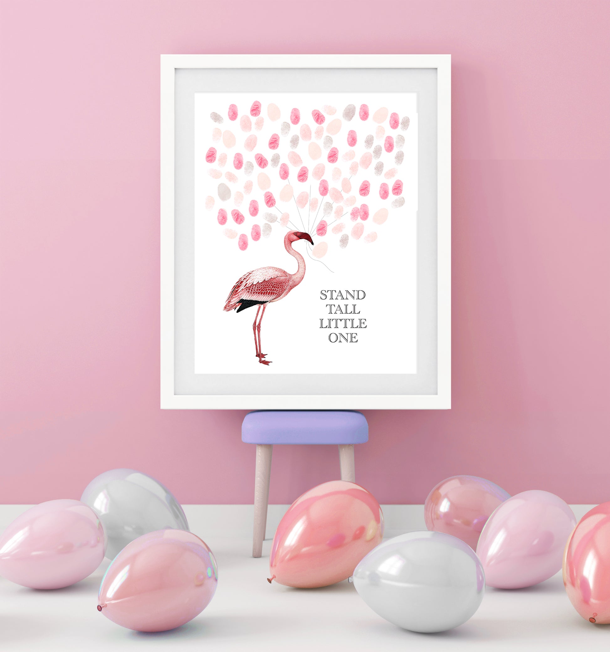 pink party room with flamingo guest book print in frame featuring a beautiful vintage flamingo illustration holding guests fingerprints as balloons