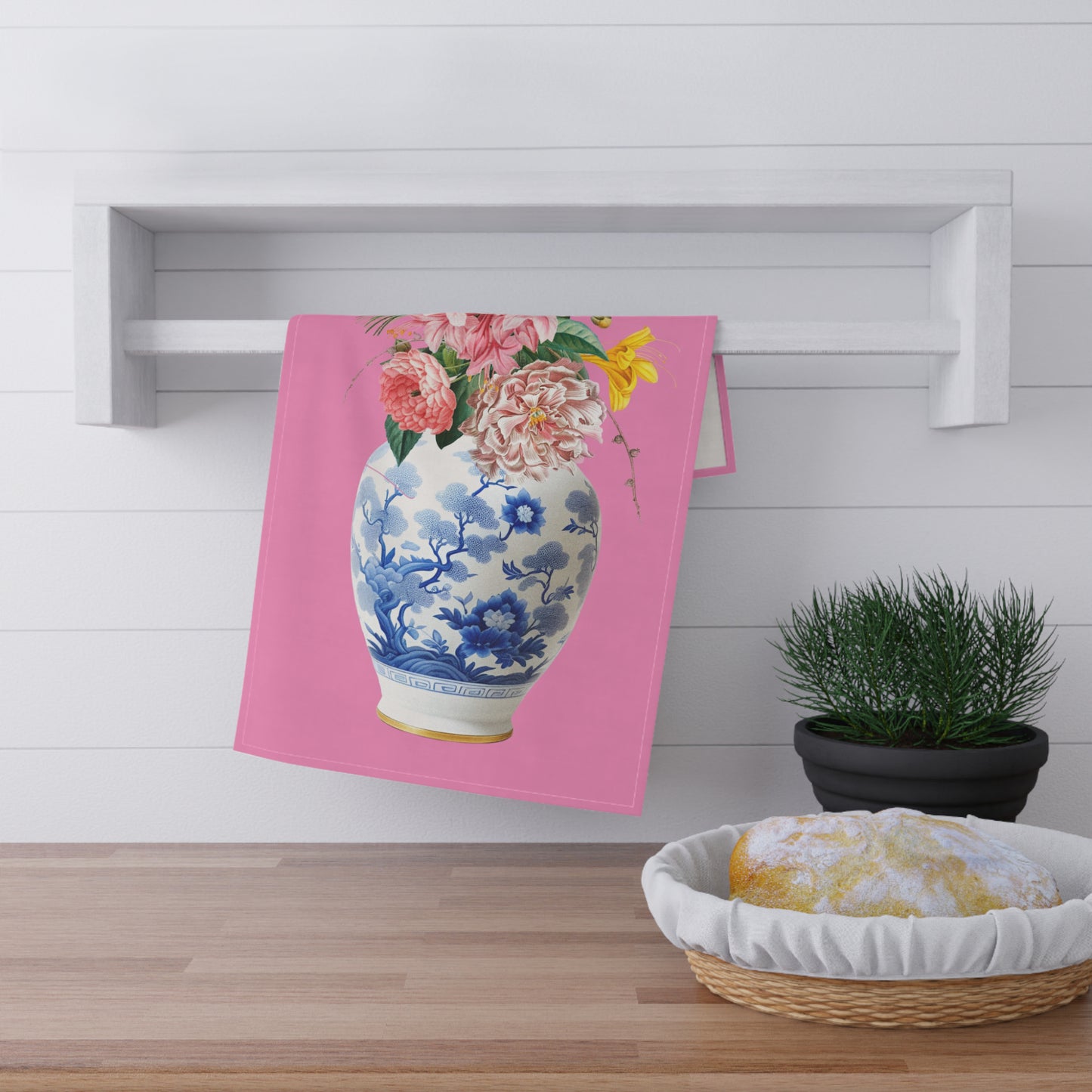 Ginger jar with pink Tea Towel