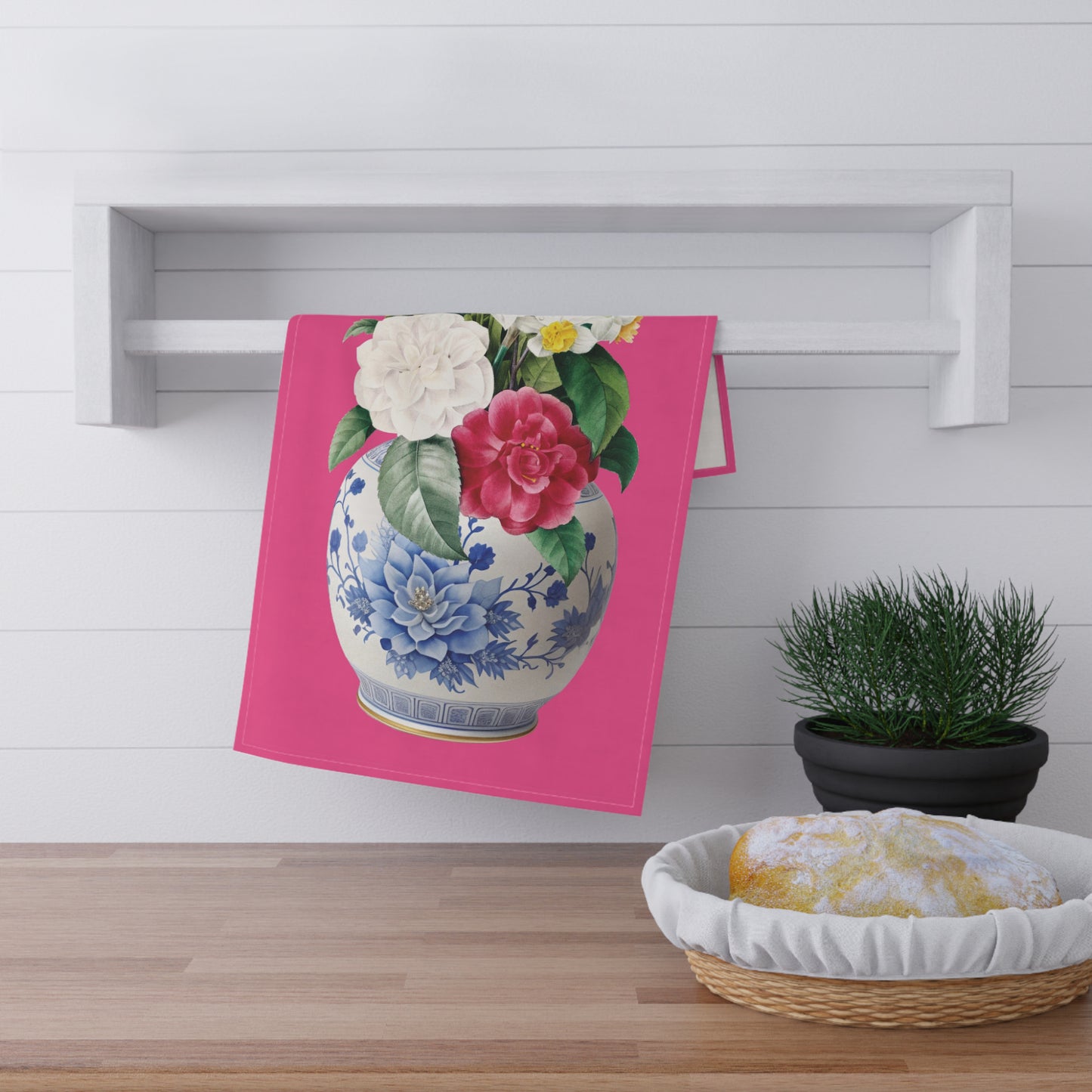 Ginger jar with camellias Tea Towel