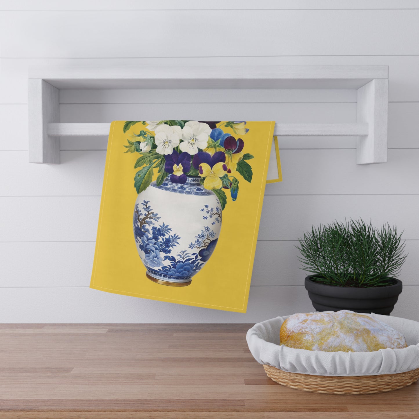 Ginger jar with pansies Tea Towel