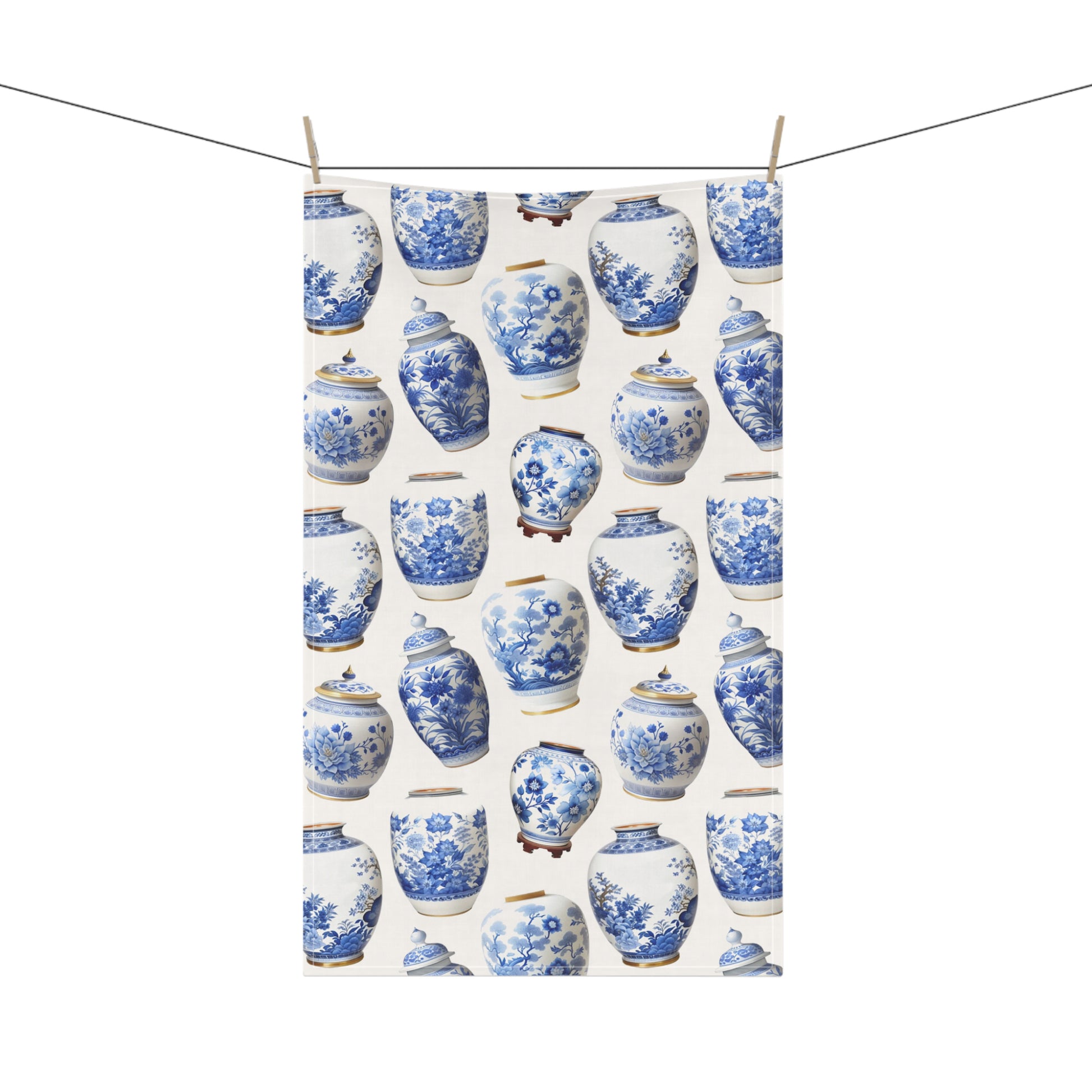 this tea towel featuring beautifully patterned blue and white ginger jars