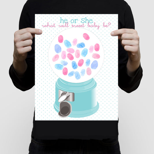 person holding Gumball Machine fingerprint Guest Book poster as a baby shower game to guess if its a boy or girl