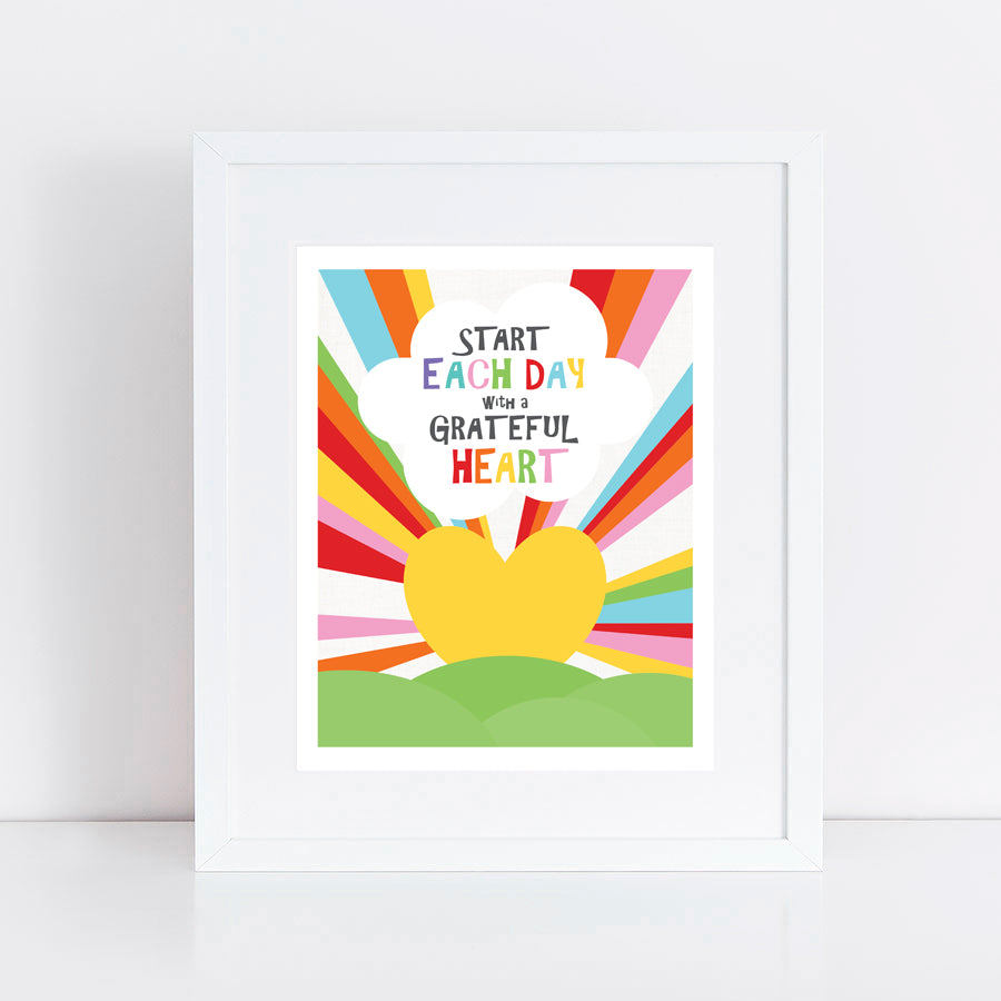 print of a sunrise heart with rainbow beams of light and quote Start each day with a grateful heart 