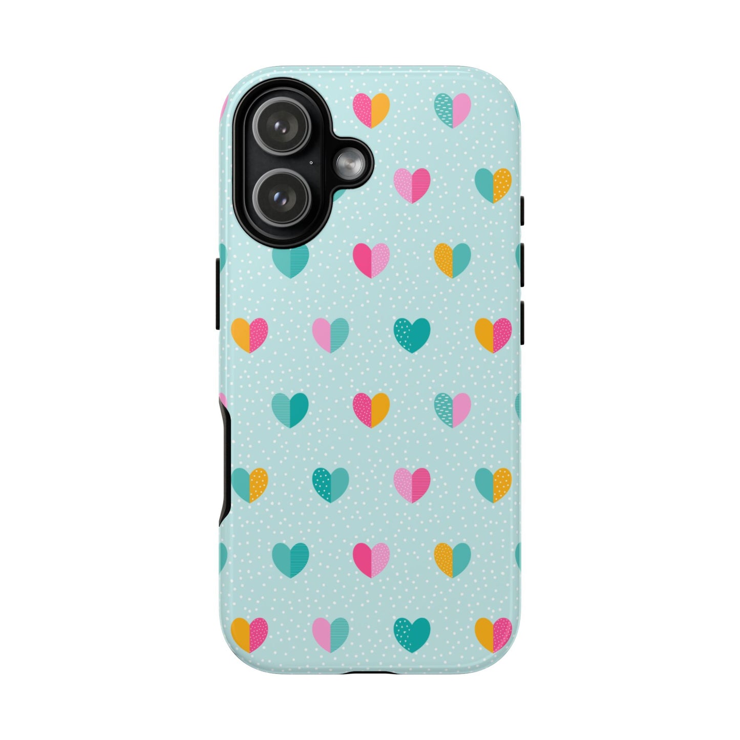 iPhone 17 case with colorful heart pattern on a light blue background
