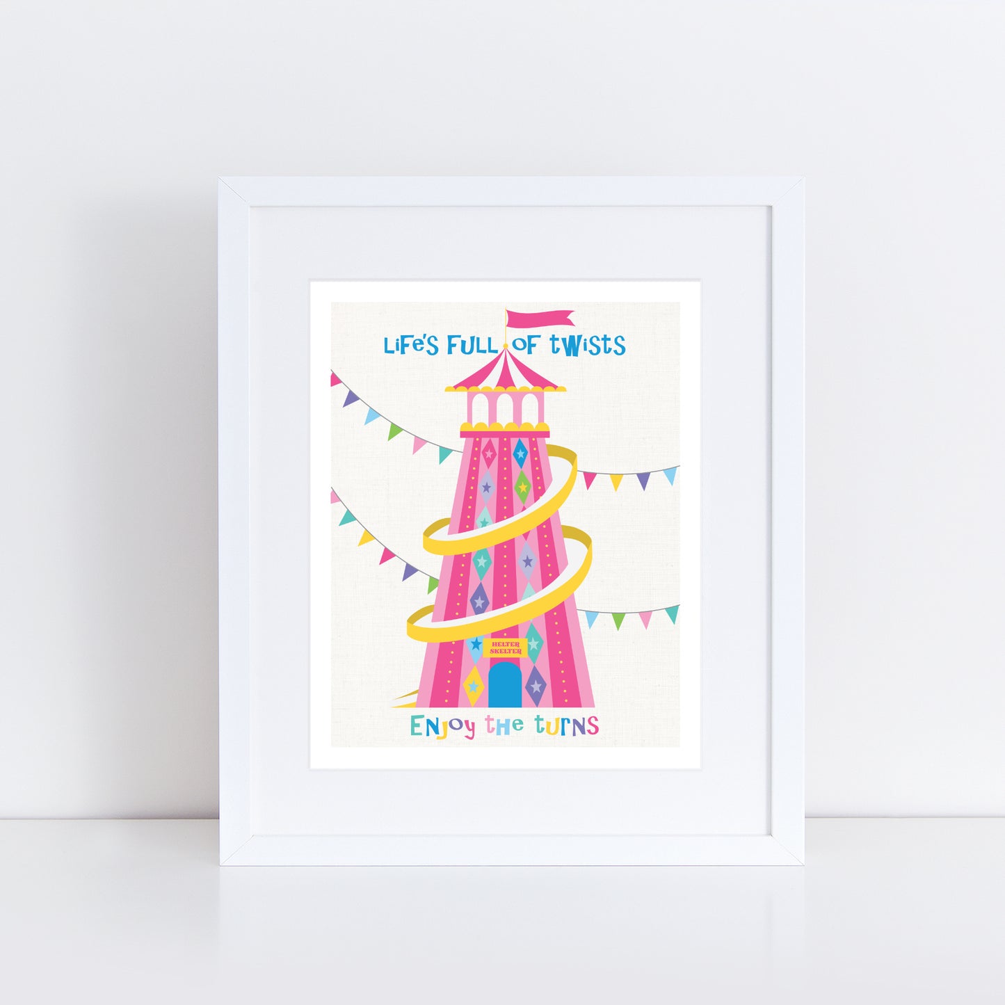 artwork with a colorful illustration of a fairground helter skelter and text on a white background