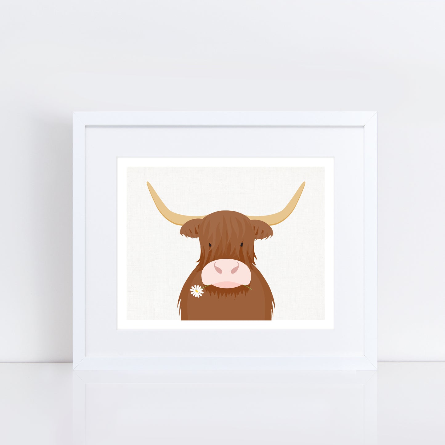 Highland cow print featuring a shaggy brown Highland cow with long horns and a daisy in its mouth on a neutral linen-textured background.