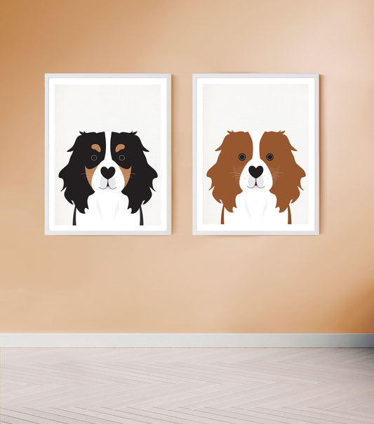 Cute cavalier King Charles spaniel prints, Blenheim and tri colour dogs in frames on beige wall