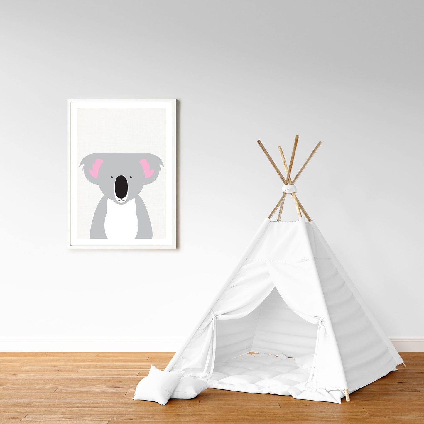 cute koala bear illustration in a playroom with white teepee