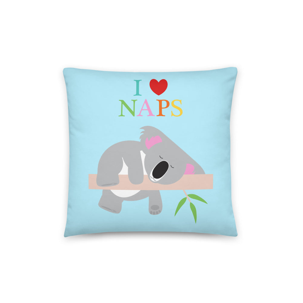 cute sleeping koala cushion cover with I heart naps on it