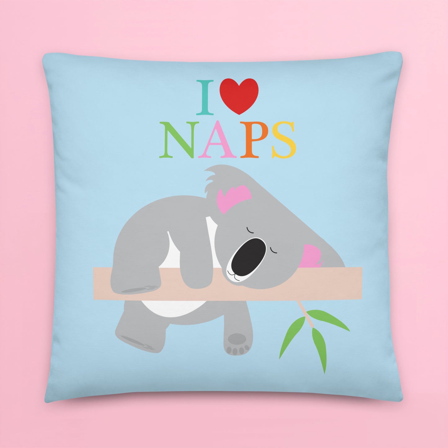 cute sleeping koala cushion cover with I heart naps on it