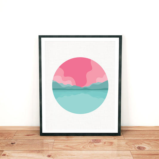 pretty pink modern landscape print of pink sunrise and turquoise mountains and lake