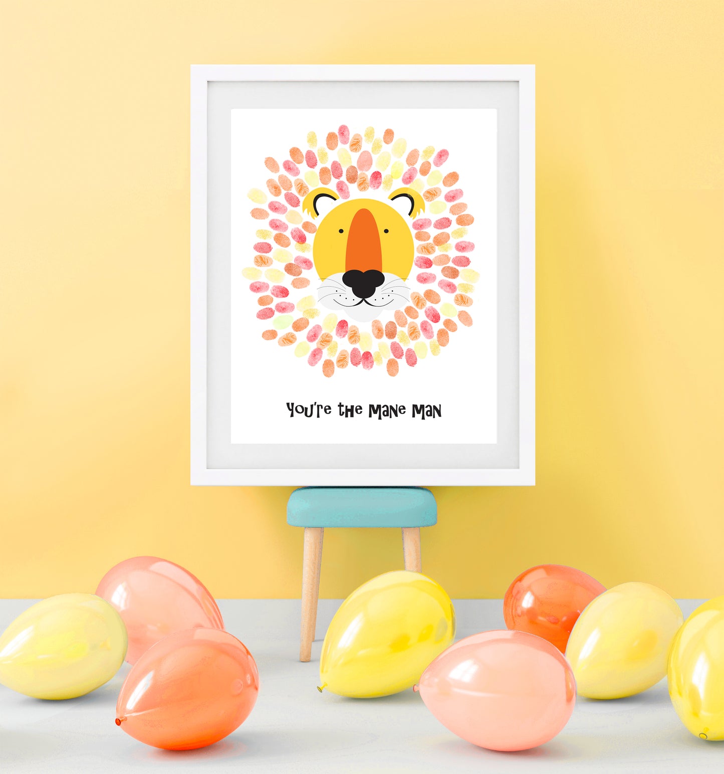 Lion Fingerprint Guest Book Print at a party in a frame with lion face and guests fingerprints as the mane