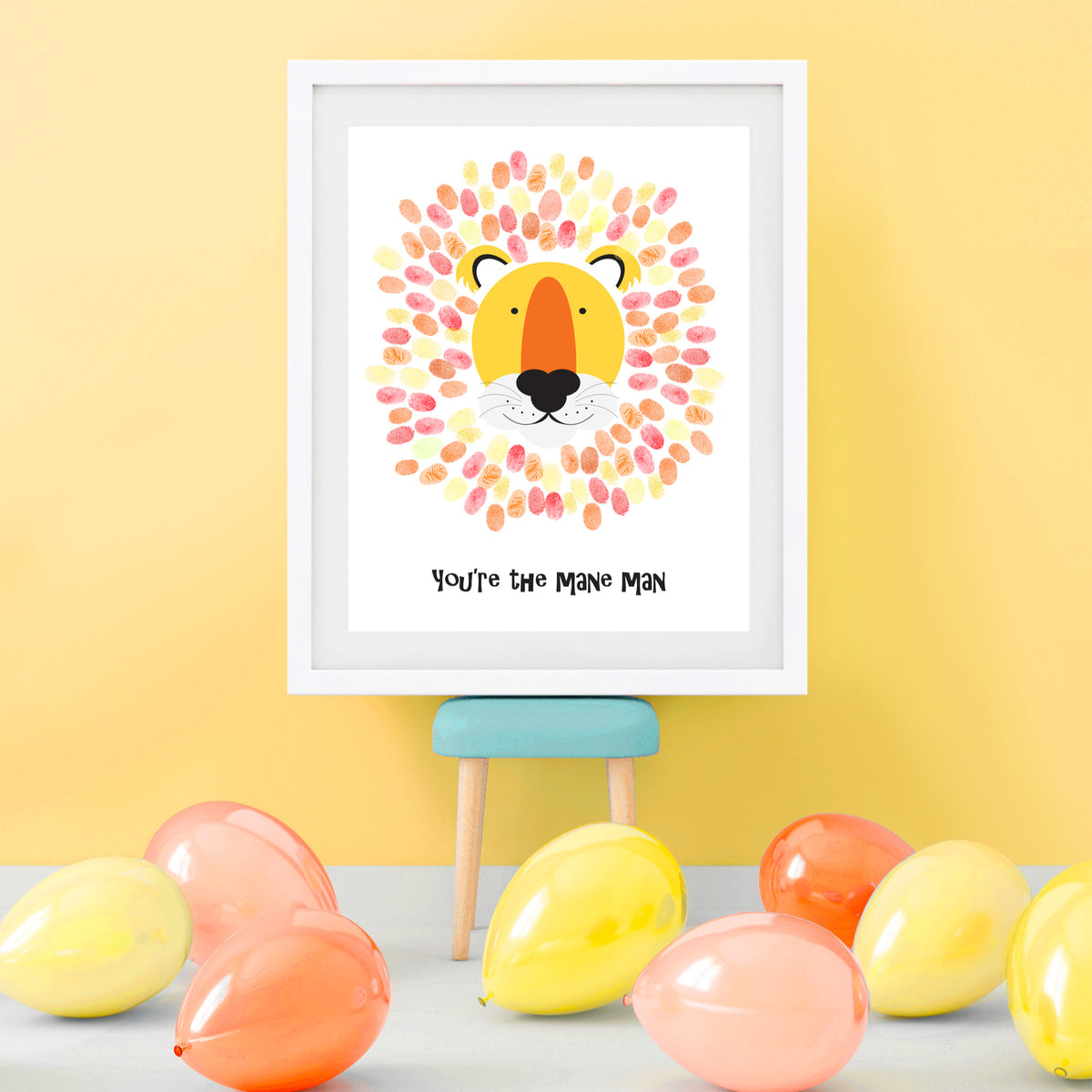 Lion Fingerprint Guest Book Print at a party in a frame with lion face and guests fingerprints as the mane