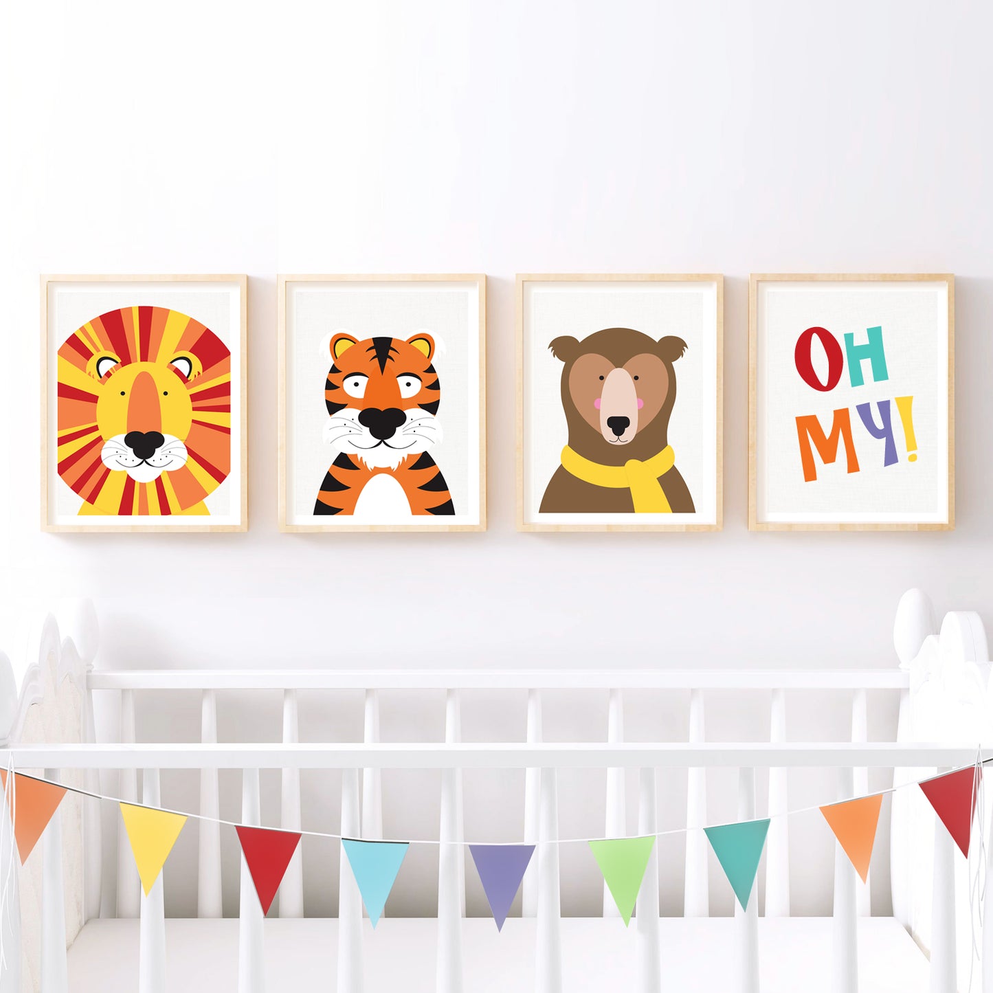 set of four prints in a nursery Lions and tigers and bears, oh my!