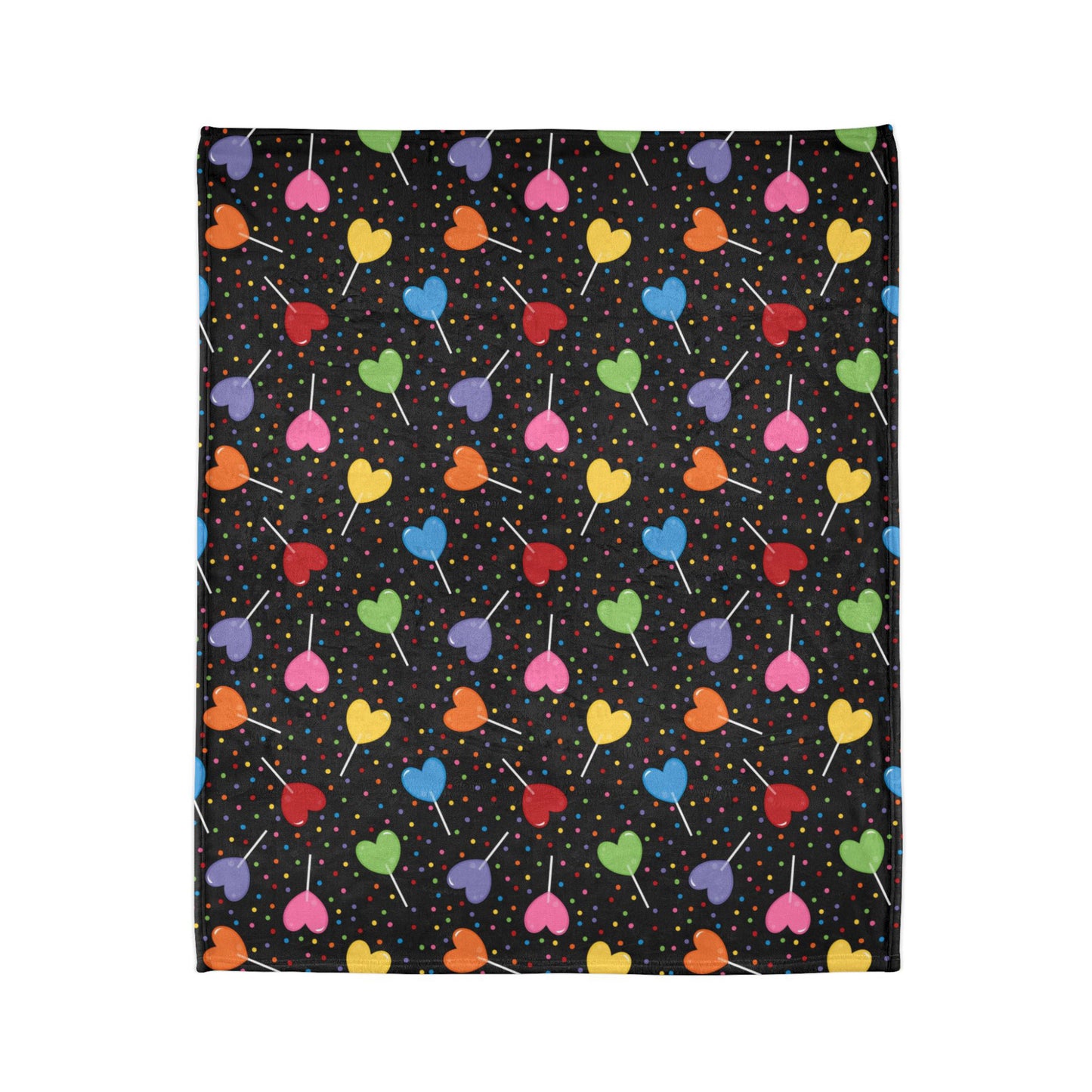 vibrant blanket, featuring colourful heart-shaped lollipops and cheerful sprinkles on a bold black background