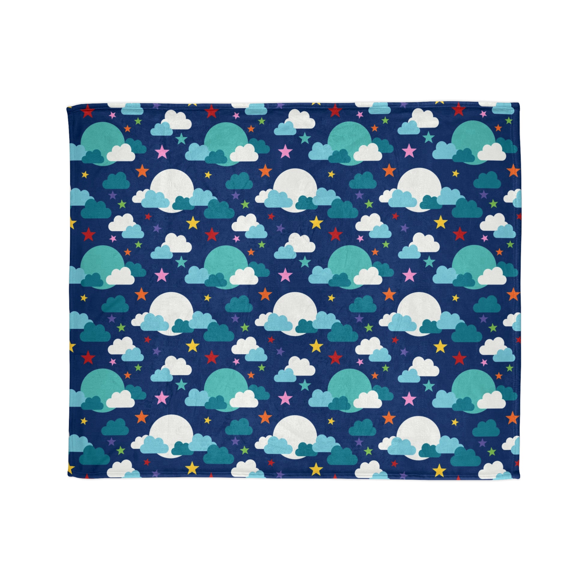 throw blanket, featuring a whimsical pattern of fluffy clouds, colourful stars, and glowing moons against a deep blue background.