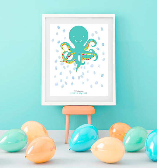 octopus guest book in turquoise party room with guests fingerprints