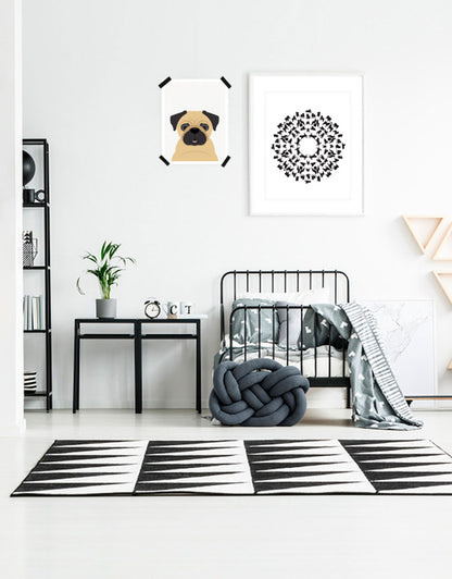 black and white kids bedroom with pug prints