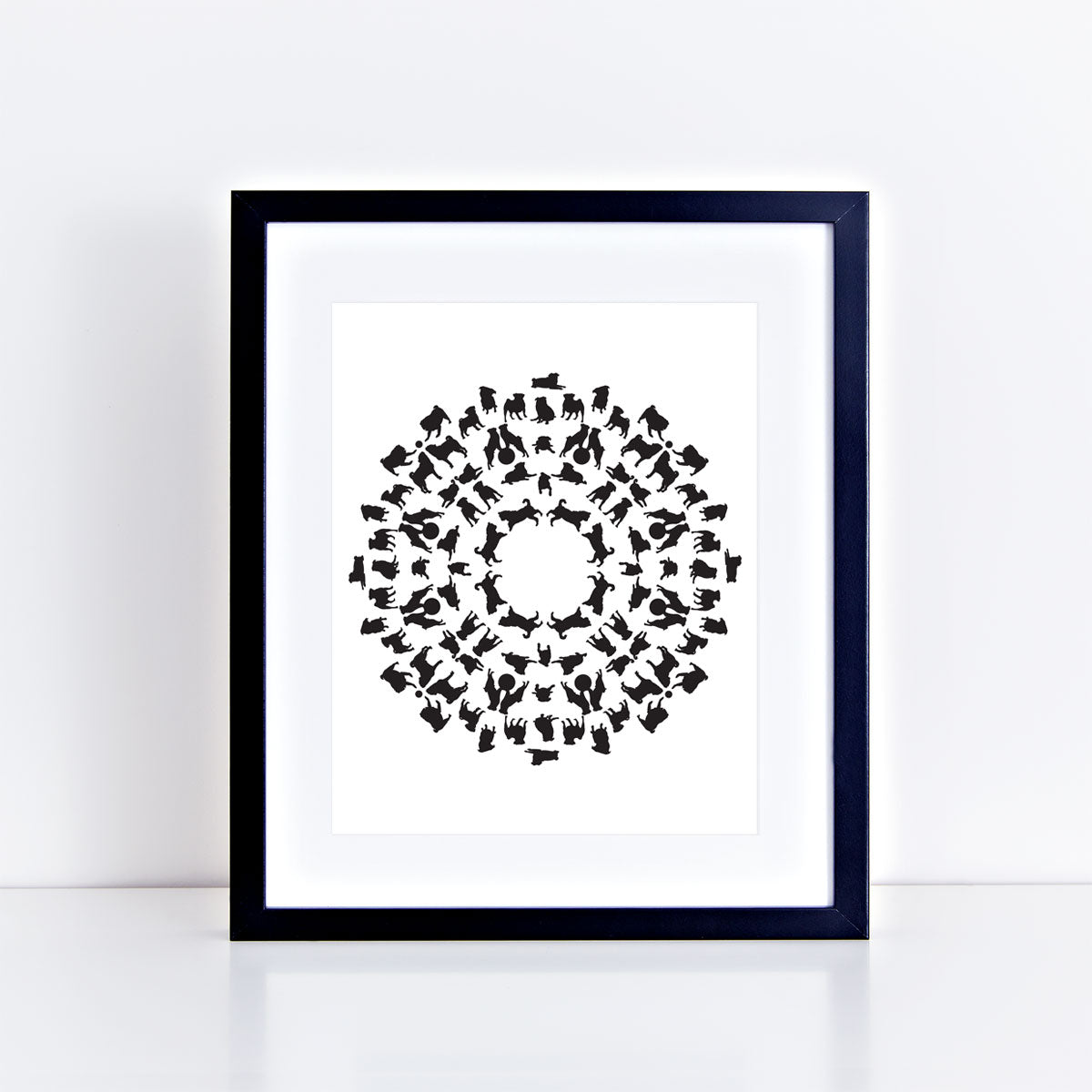 print of dancing pugs in mandala shape