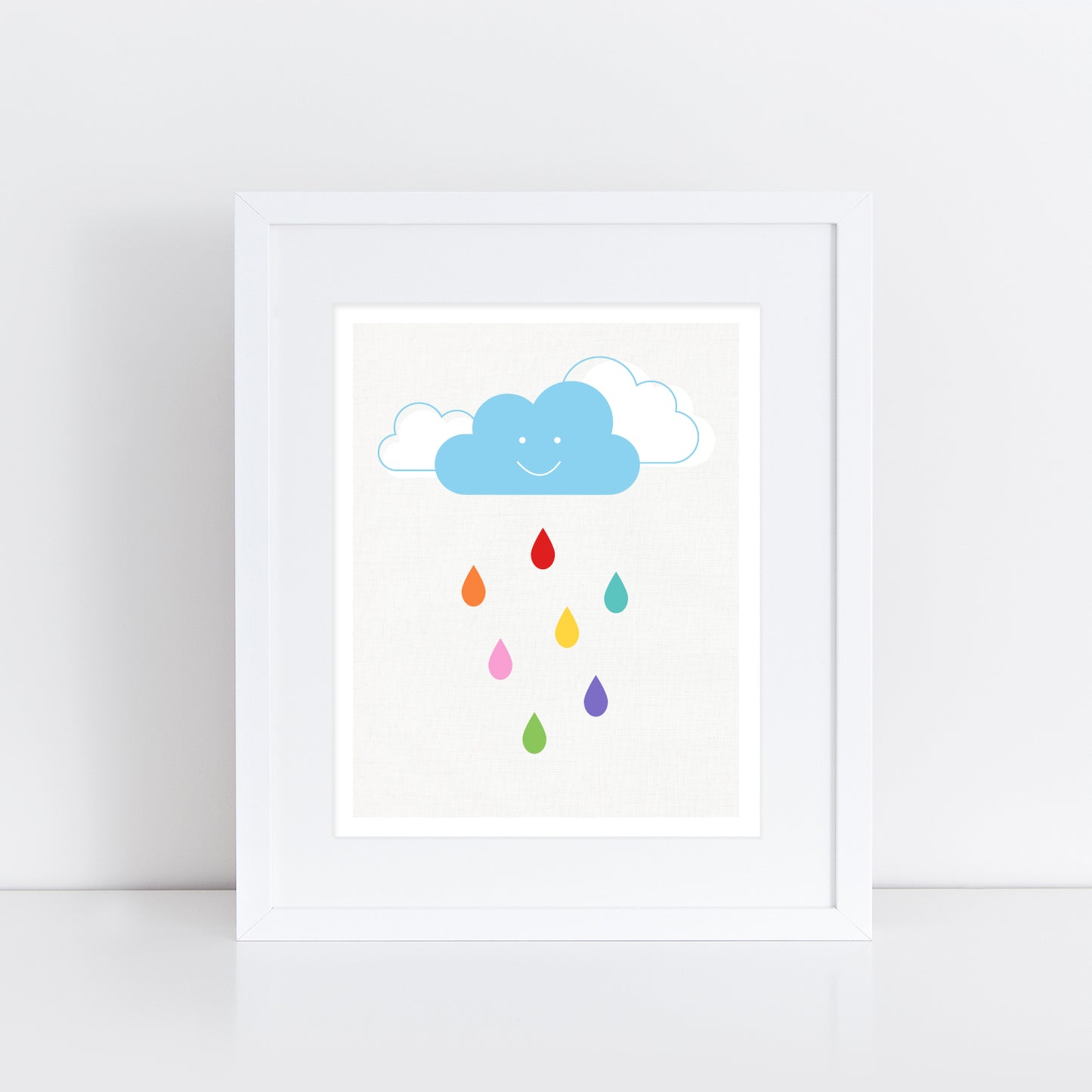 print of a smiling cloud raining colourful raindrops