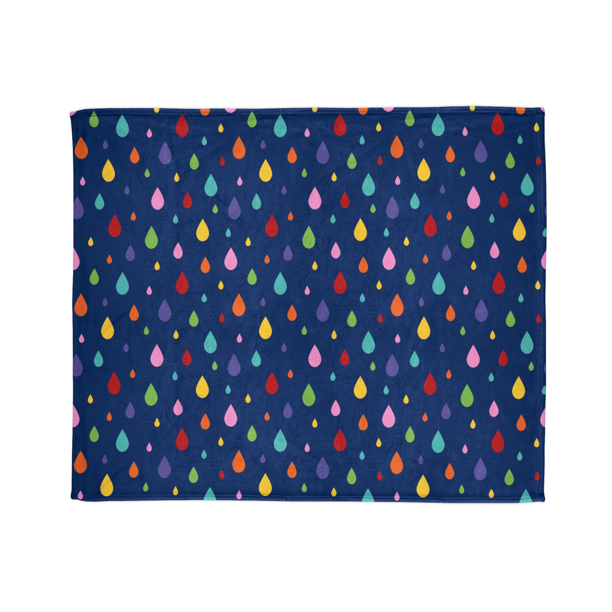 A large throw blanket with a dark navy blue background featuring a playful pattern of colorful raindrop shapes in various sizes and colors, including red, yellow, green, pink, and blue.