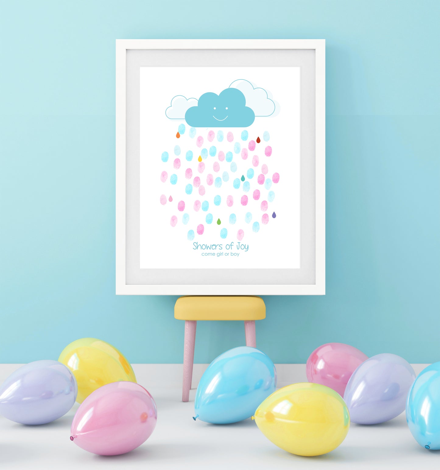 baby shower poster in frame at party with Guests fingerprints act rain drops under a smiling cloud