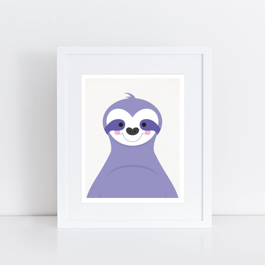 colourful nursery animal print of a cute purple sloth
