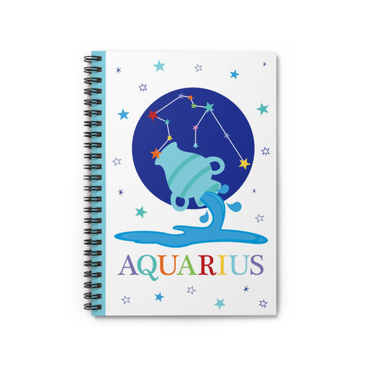 Aquarius zodiac spiral notebook featuring a playful illustration of a water jug pouring water, with the Aquarius constellation above in a bold blue circle. Surrounded by colourful stars and rainbow Aquarius lettering at the bottom.